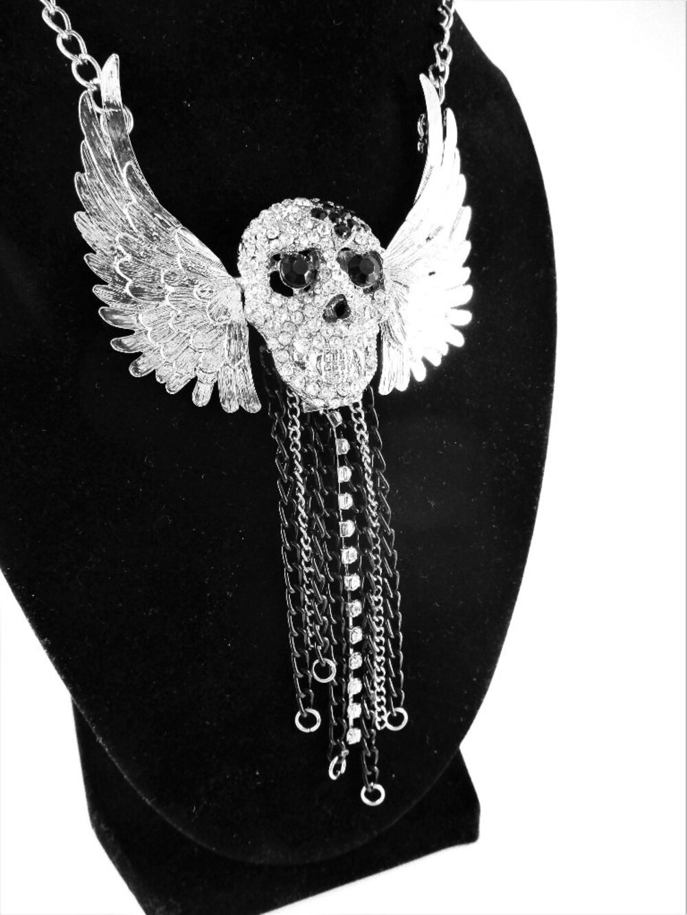Silver Crystal Skull Necklace with Wings and Black Chains Betsey Johnson